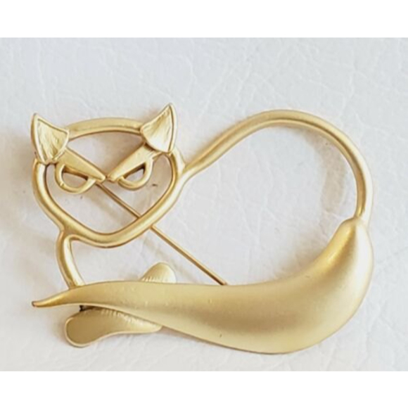 Vintage Modernist Cat Pin Big Gold Tone Openwork Figural Kitten Retro Brooch - Picture 1 of 4